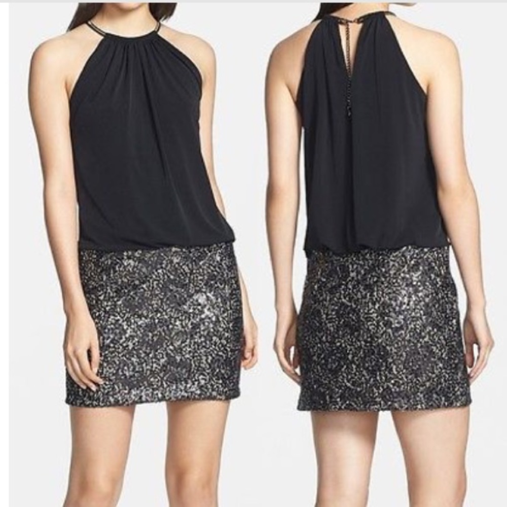 Jersey Halter Blouson Dress W/Sequin Lace Skirt